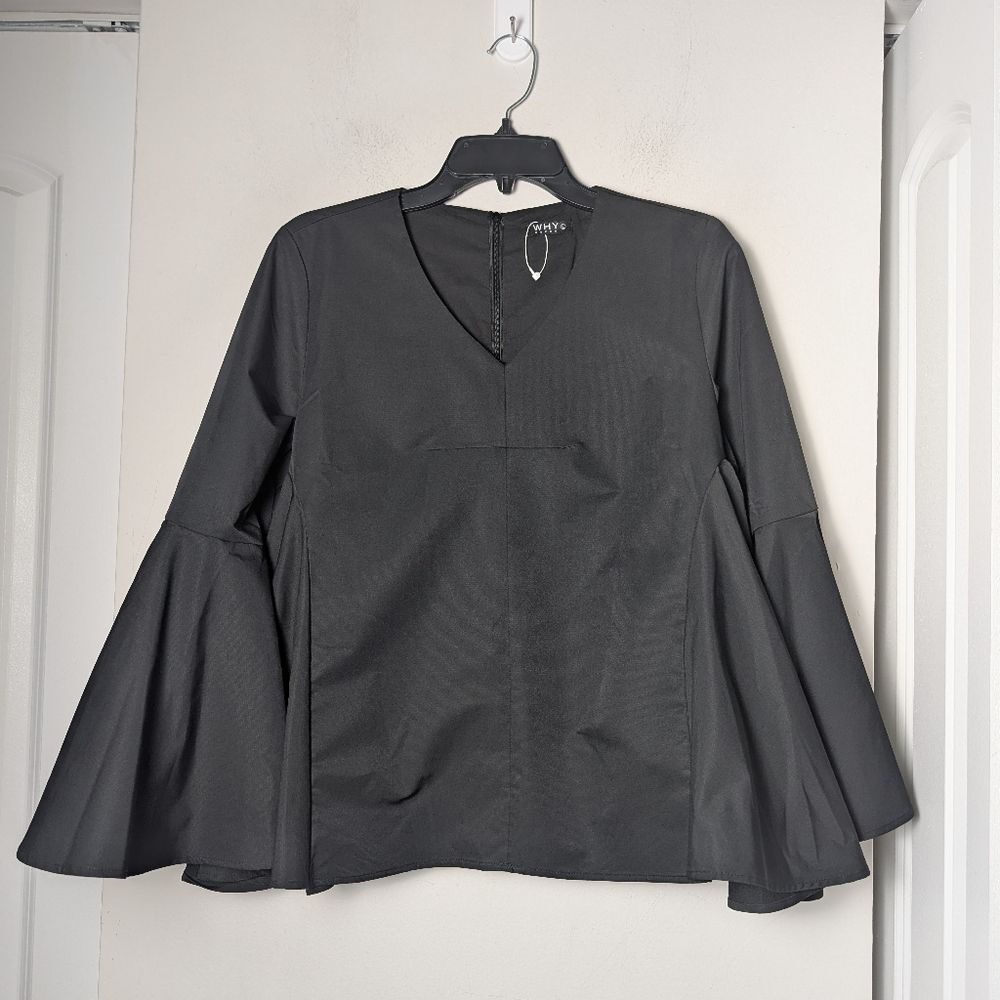 Why Dress Top Wide Bell Sleeve  Black V Neck Popover Sz M Office Church Dressy